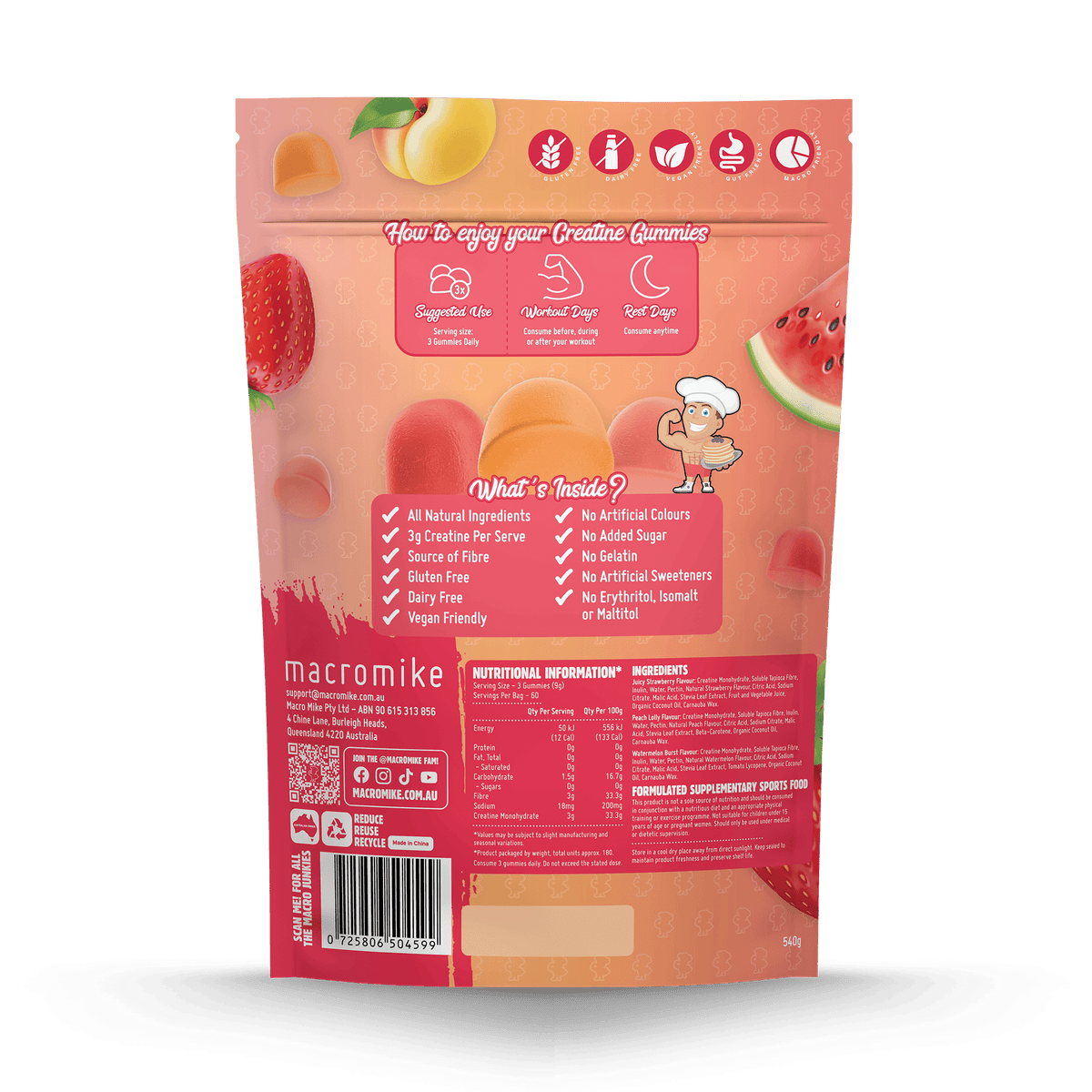 Macro Mike Creatine Gummies Triple Flavour Burst 540g supplement facts and nutrition panel