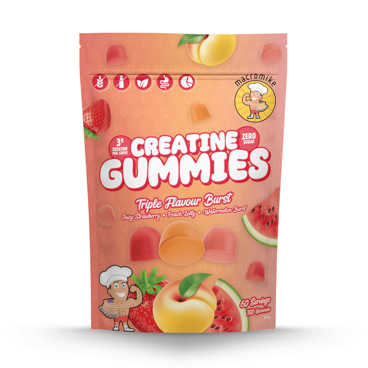 Macro Mike Creatine Gummies Triple Flavour Burst 540g front