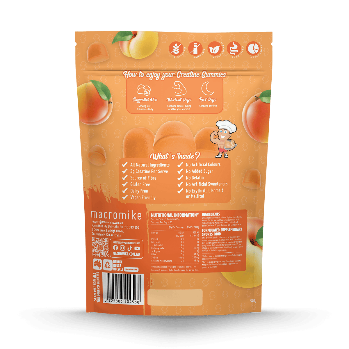 Macro Mike Creatine Gummies Peach Lolly 540g supplement facts and nutrition panel