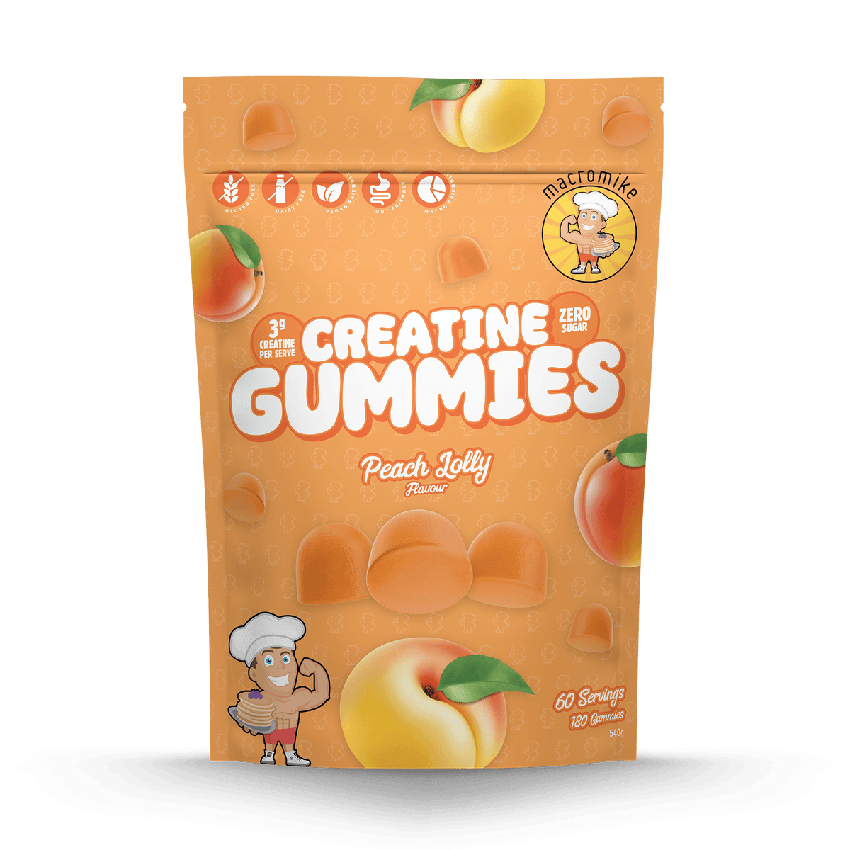 Macro Mike Creatine Gummies Peach Lolly 540g front