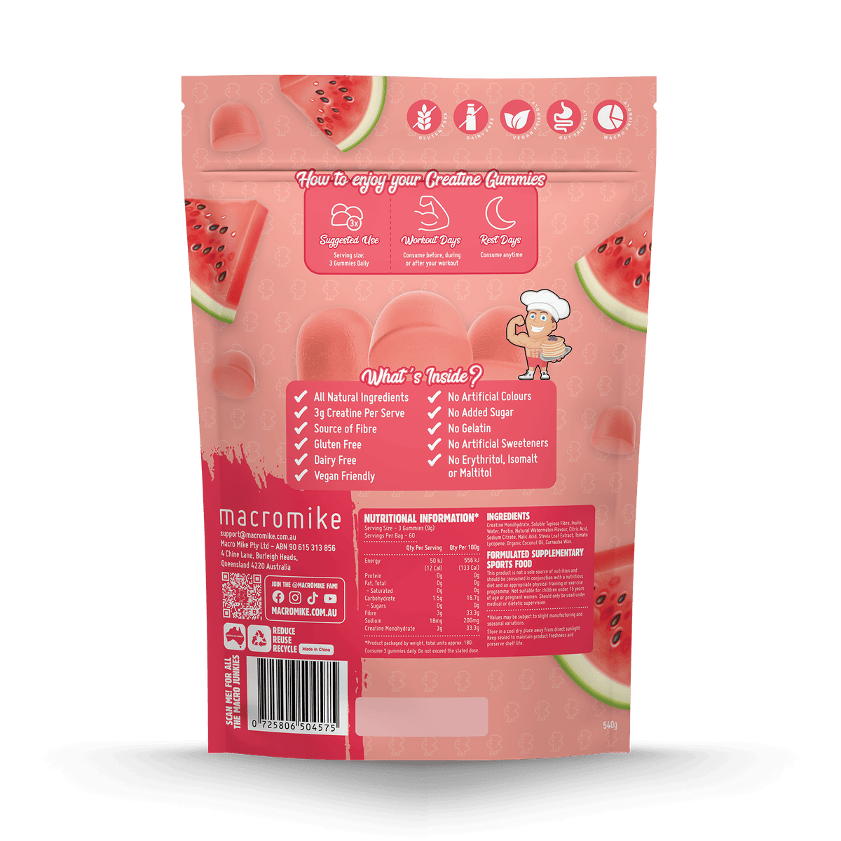Macro Mike Creatine Gummies Watermelon Burst 540g supplement facts and nutrition panel
