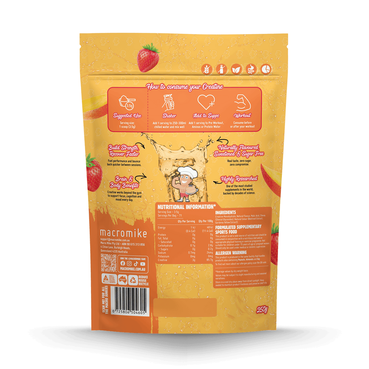 Macro Mike Creatine Monohydrate Strawberry Mango Crush 250g supplement facts and nutrition panel