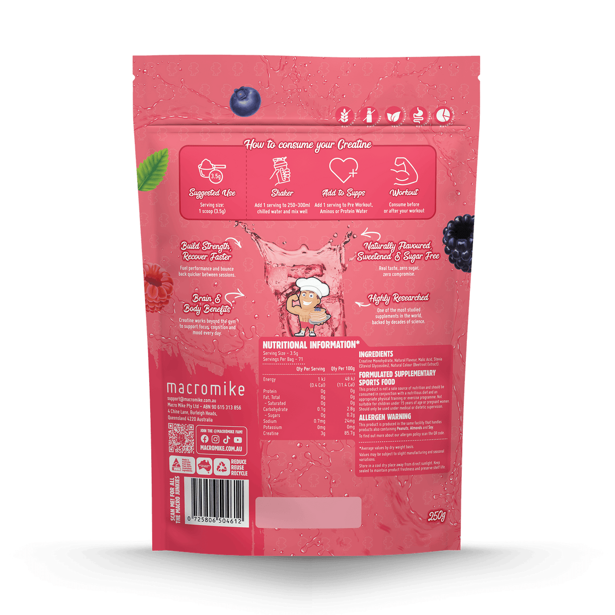 Macro Mike Creatine Monohydrate Tropical Berry Soda 250g supplement facts and nutrition panel