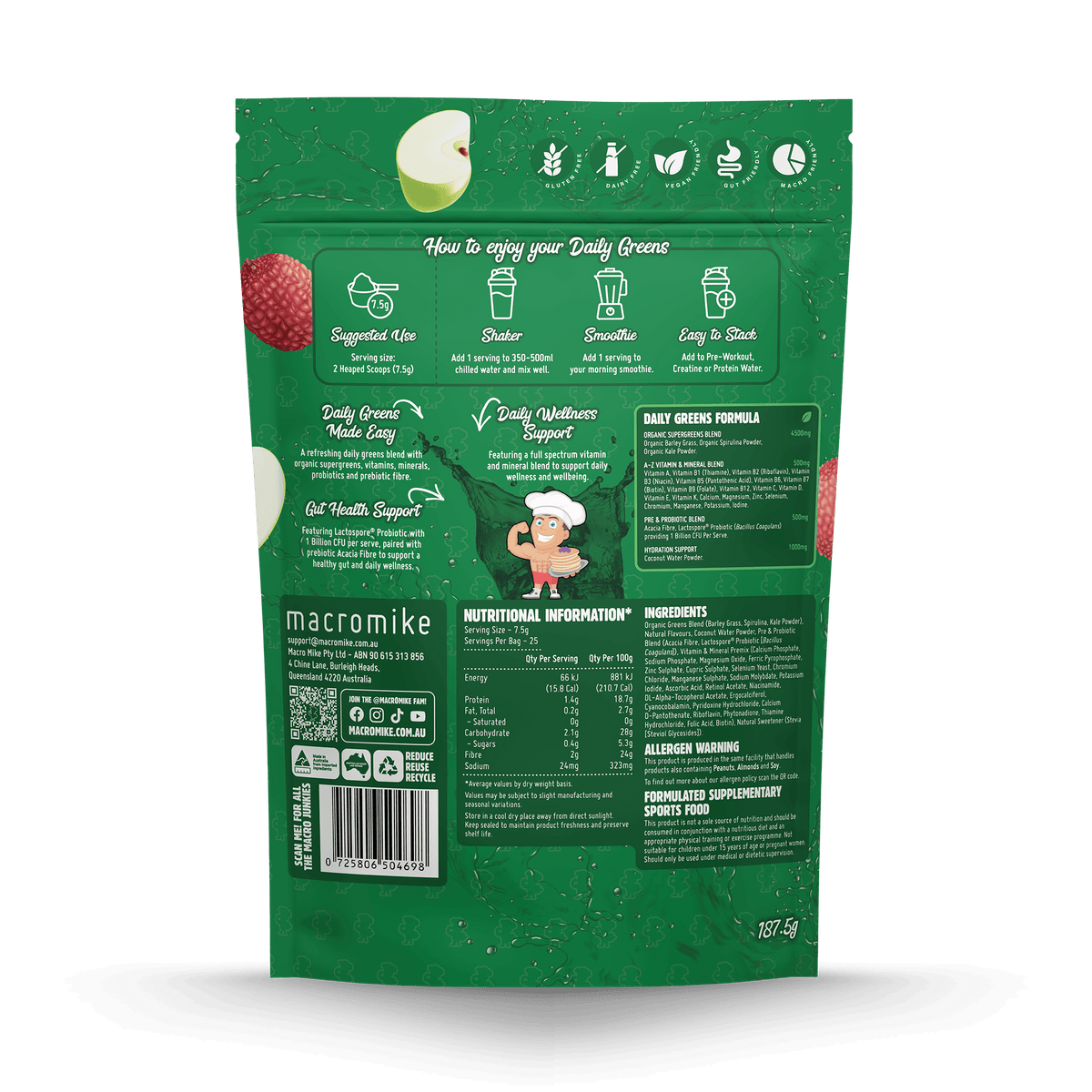 Macro Mike Daily Super Greens Apple Lychee Splash 187.5g supplement facts and nutrition panel