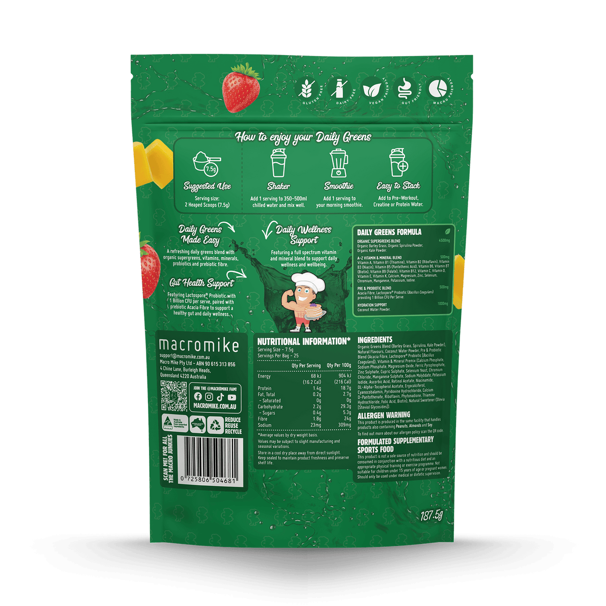 Macro Mike Daily Super Greens Strawberry Mango Burst 187.5g supplement facts and nutrition panel
