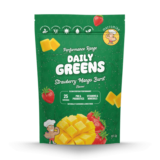 Macro Mike Daily Super Greens Strawberry Mango Burst 187.5g front