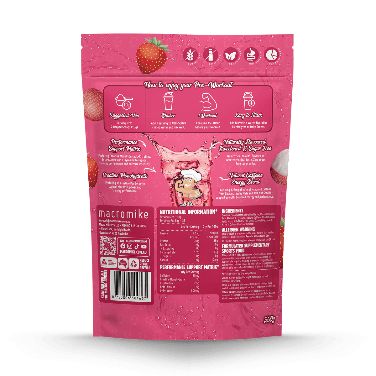 Macro Mike Pre-Workout Lychee Strawberry Crush 250g supplement facts and nutrition panel