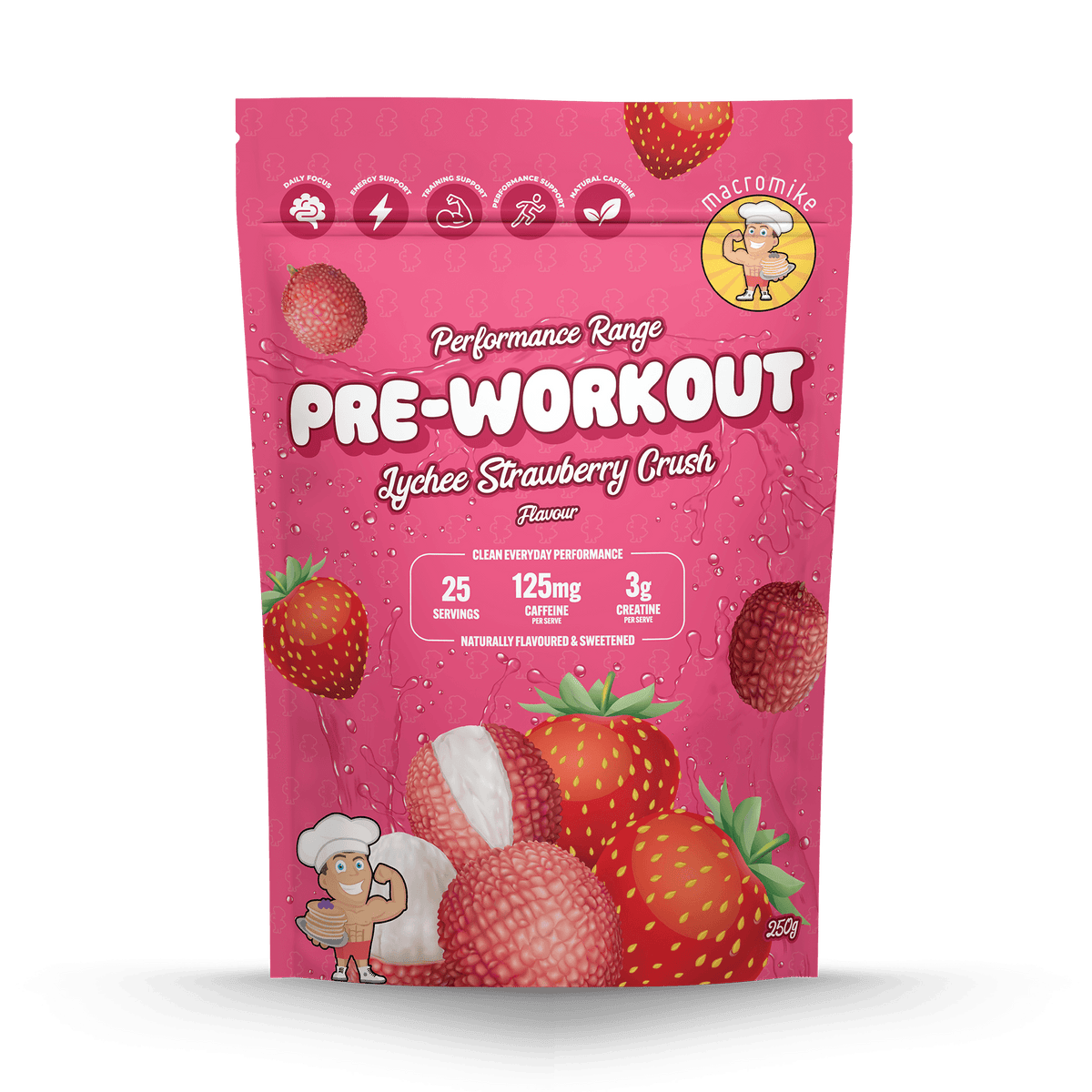 Macro Mike Pre-Workout Lychee Strawberry Crush 250g front