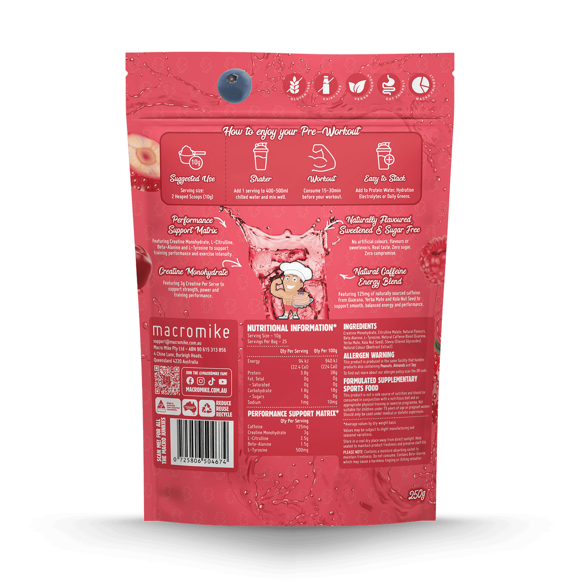 Macro Mike Pre-Workout Mixed Berry Soda 250g supplement facts and nutrition panel