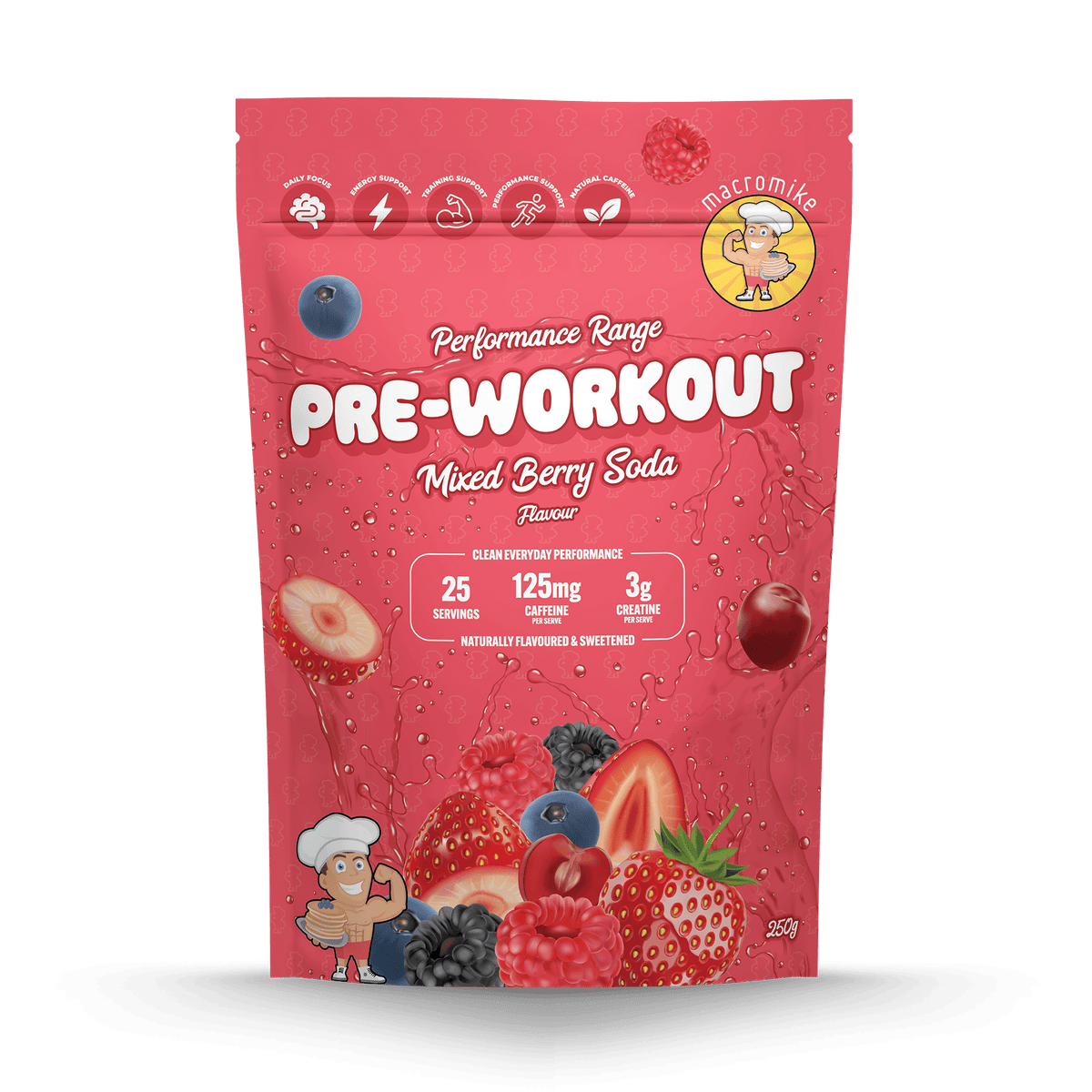 Macro Mike Pre-Workout Mixed Berry Soda 250g front