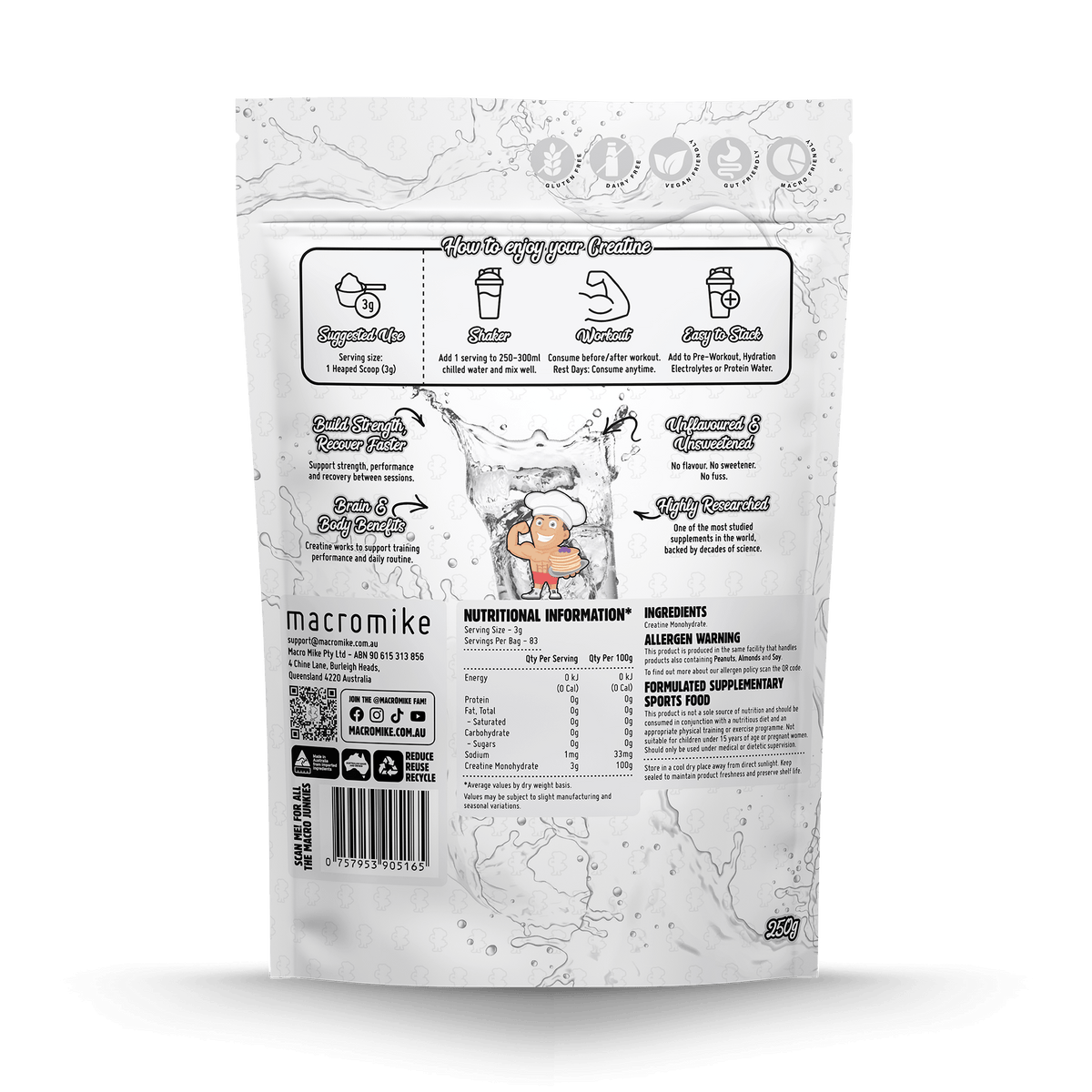 Macro Mike Creatine Monohydrate Unflavoured 250g supplement facts and nutrition panel