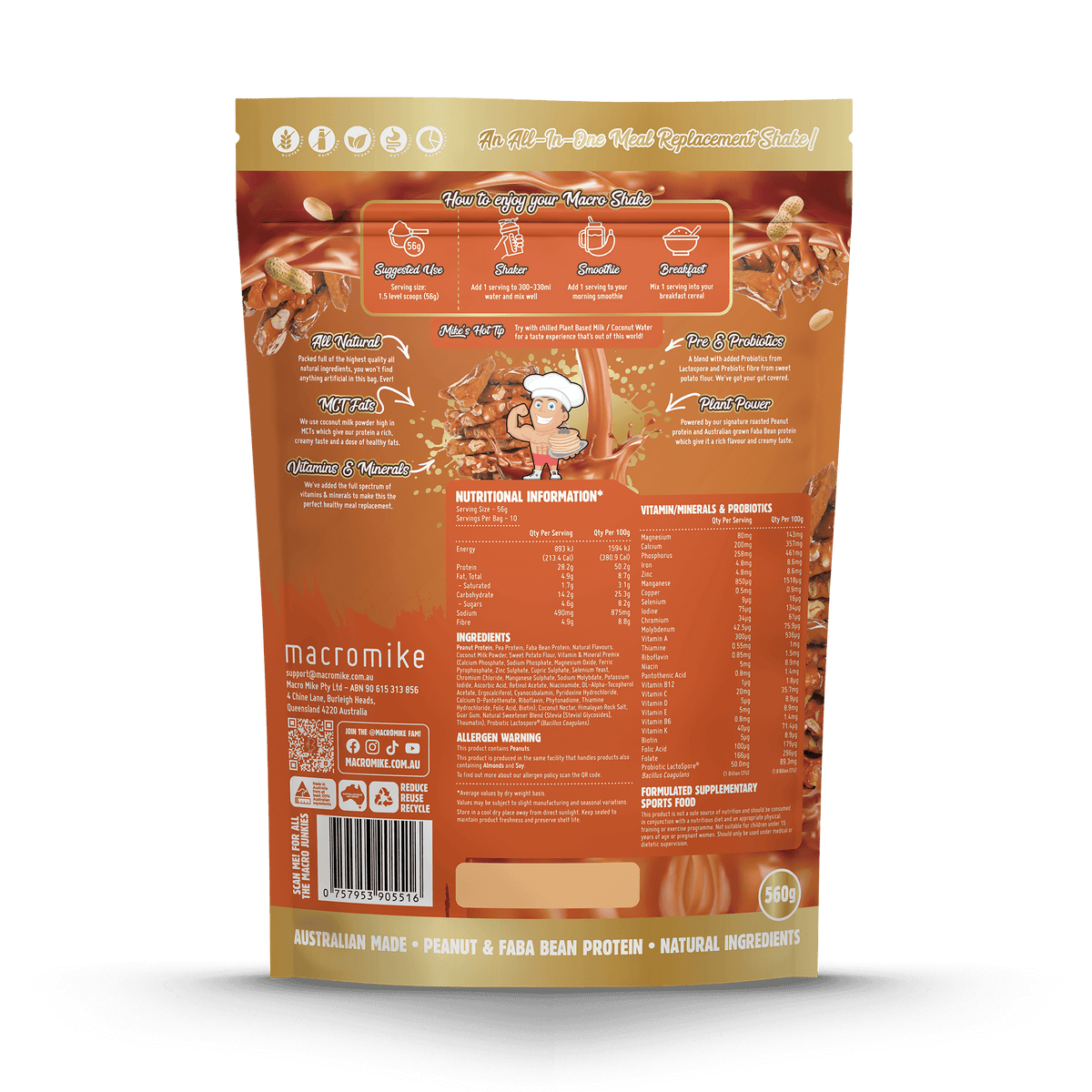 Macro Mike Peanut Macro Shake Salted Caramel Peanut Brittle supplement facts and nutrition panel