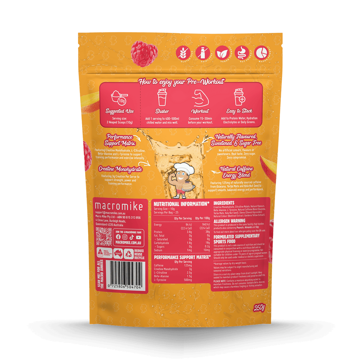 Macro Mike Pre-Workout Raspberry Mango Tango 250g supplement facts and nutrition panel