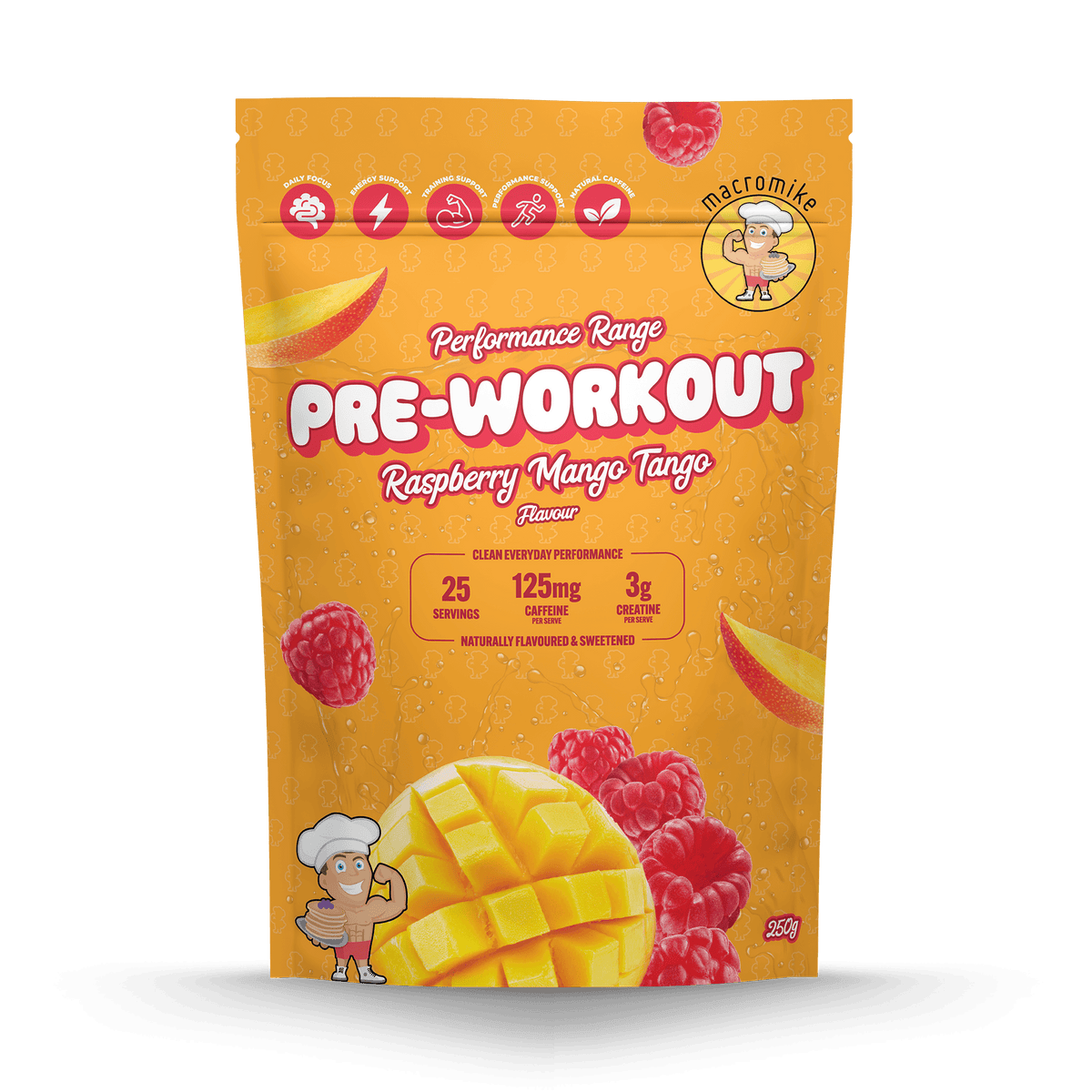 Macro Mike Pre-Workout Raspberry Mango Tango 250g front