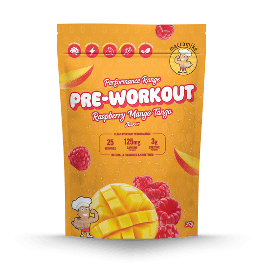 Macro Mike Pre-Workout Raspberry Mango Tango 250g front