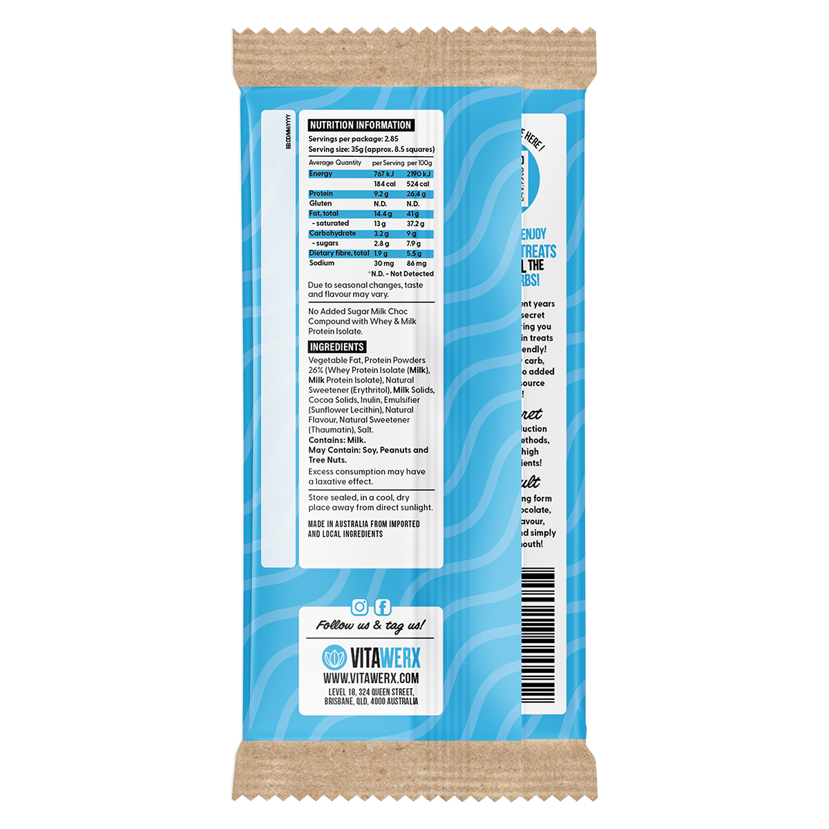 Vitawerx Vitawerx Choc Bar classic milk choc nutrition panel
