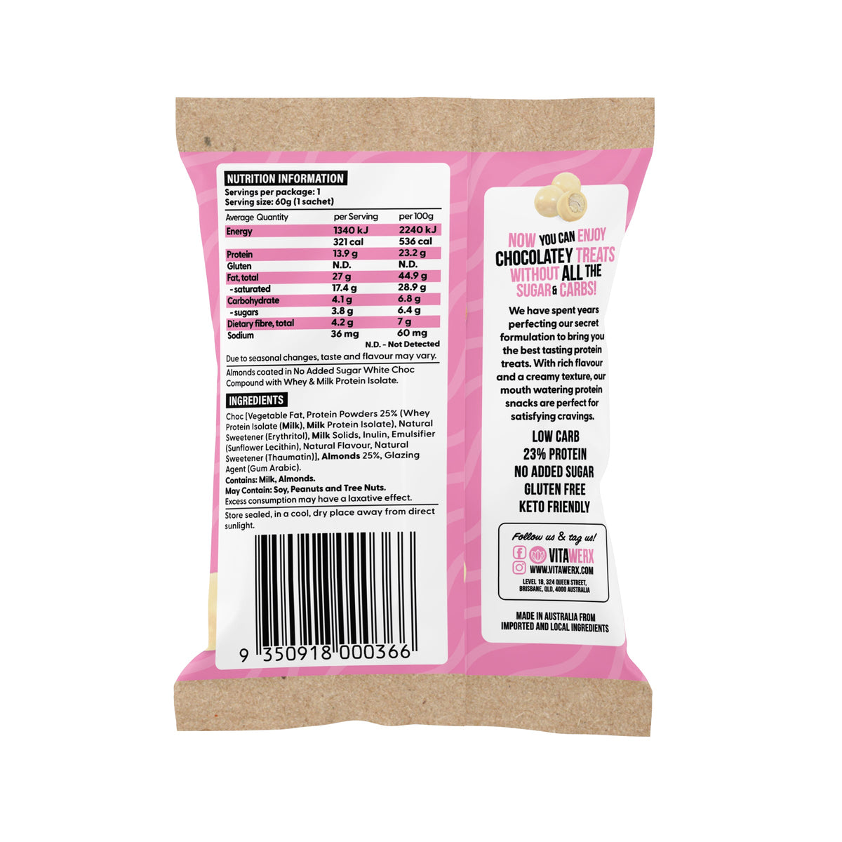 Vitawerx Protein White Chocolate Coated Almonds front of pack back of pack