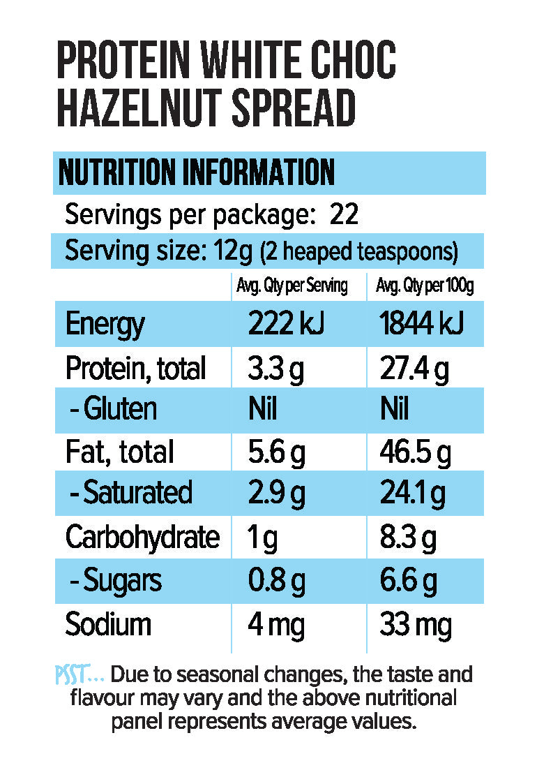 Vitawerx Protein Nut Spread White Choc supplement facts and nutrition panel