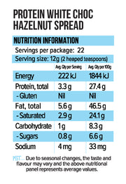 Vitawerx Protein Nut Spread White Choc supplement facts and nutrition panel