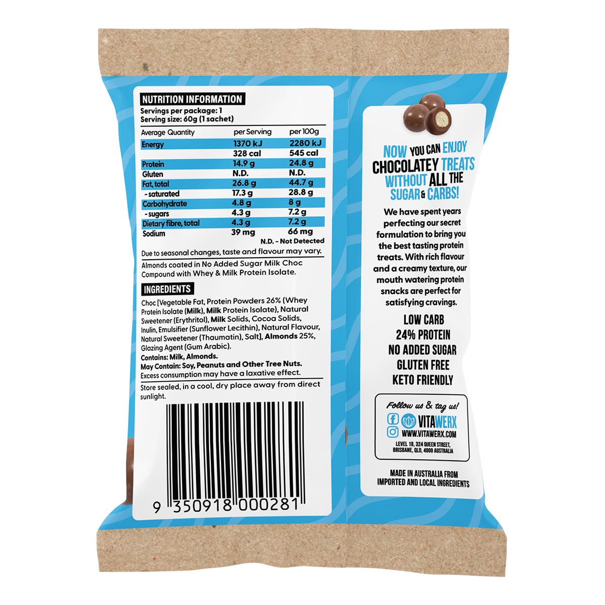 Vitawerx Vitawerx Protein Chocolate Coated almond nutrition panel
