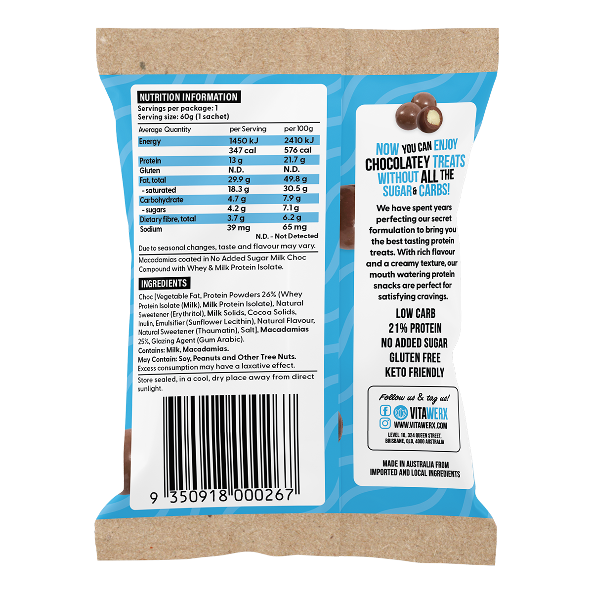 Vitawerx Vitawerx Protein Chocolate Coated macadamia nutrition panel