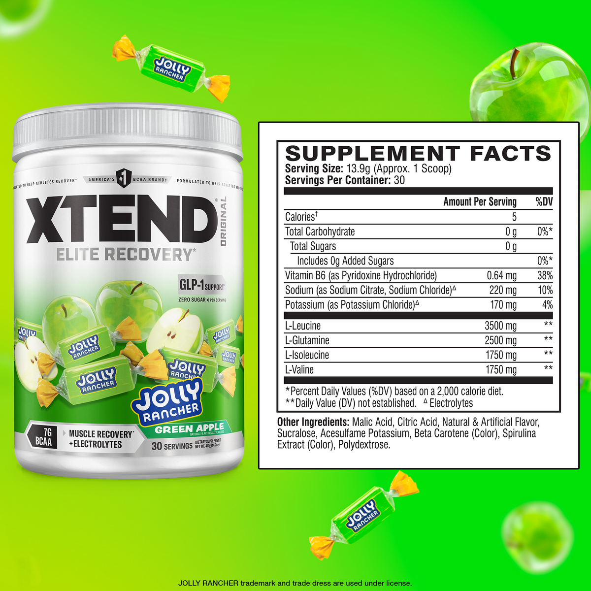 XTEND Original Elite Recovery Jolly Rancher Green Apple supplement facts and nutrition panel