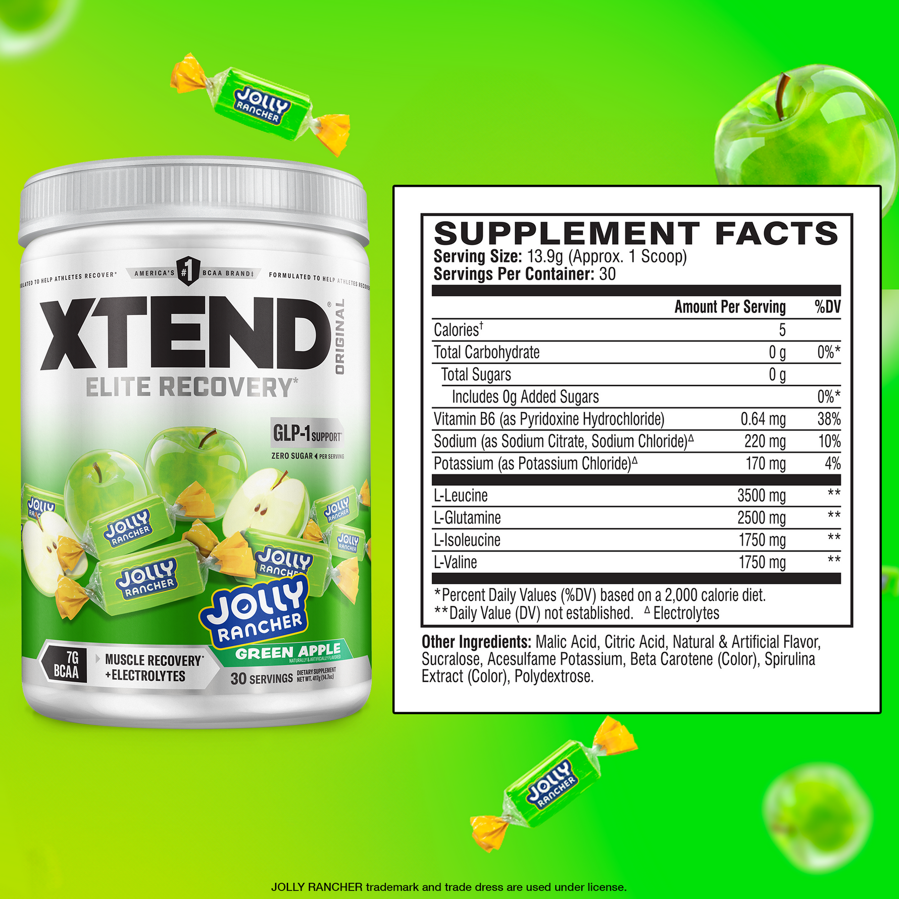 XTEND Original Elite Recovery Jolly Rancher Green Apple supplement facts and nutrition panel