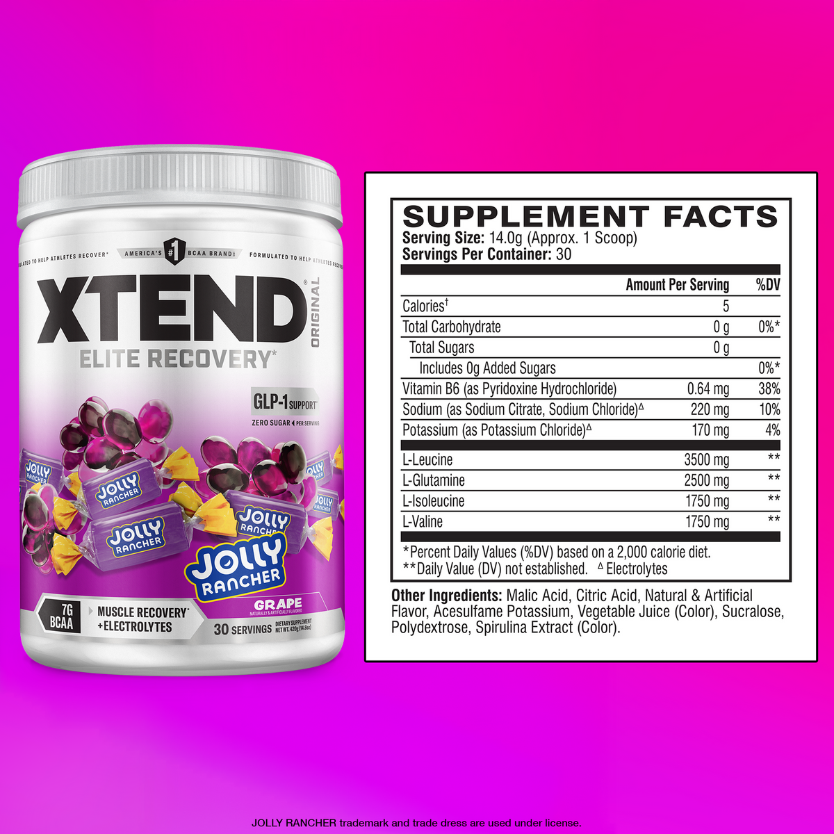 XTEND Original Elite Recovery Jolly Rancher Grape supplement facts and nutrition panel