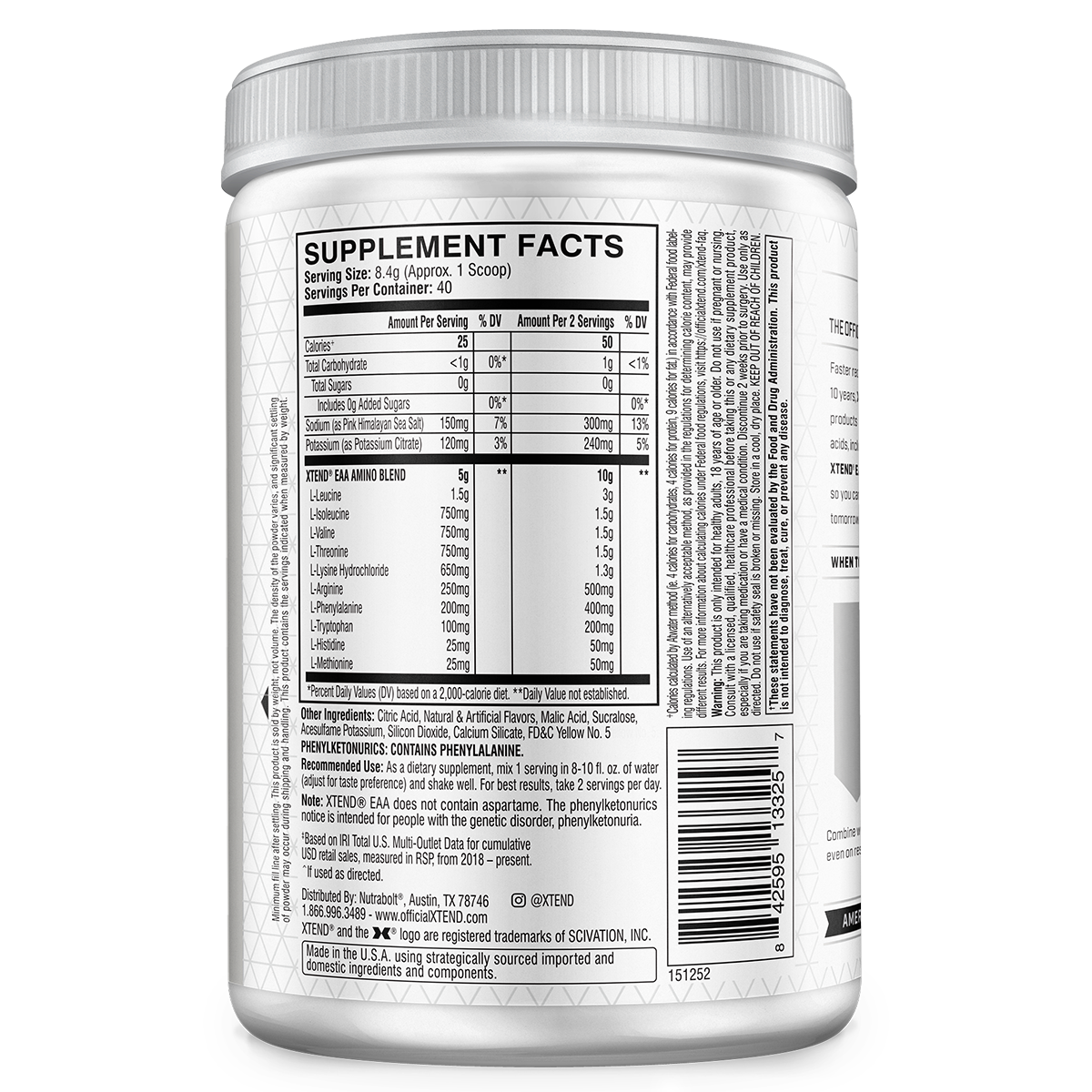 Xtend EAA Lemon Lime supplement facts and nutrition panel