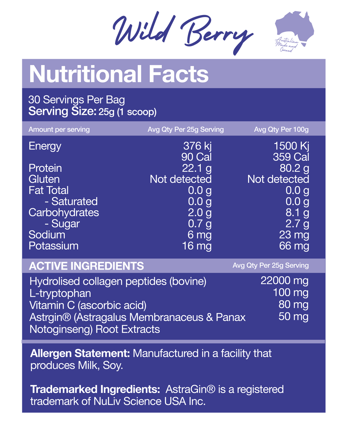 Nexus Super Protein Wild Berry nutrition panel