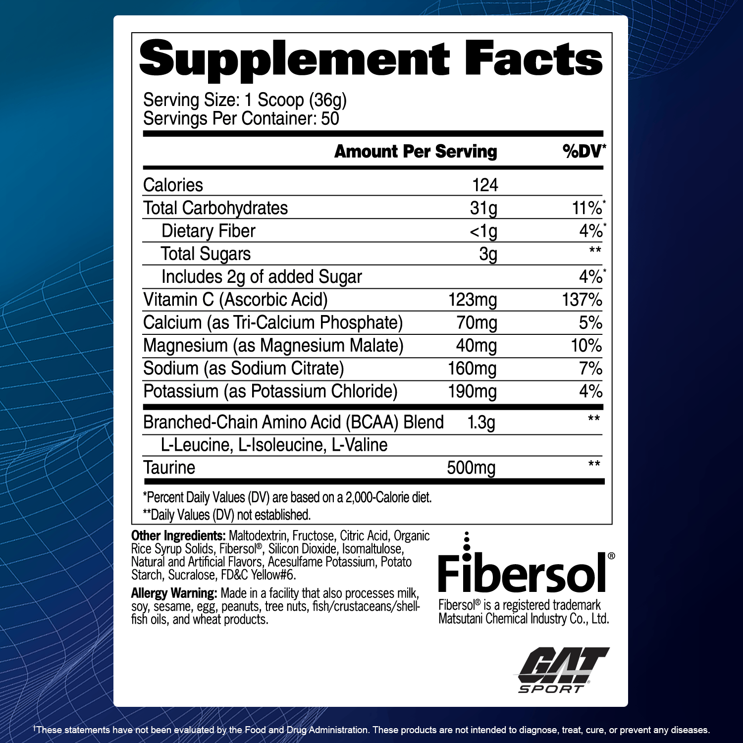GAT Sport Carbotein supplement facts and nutrition panel
