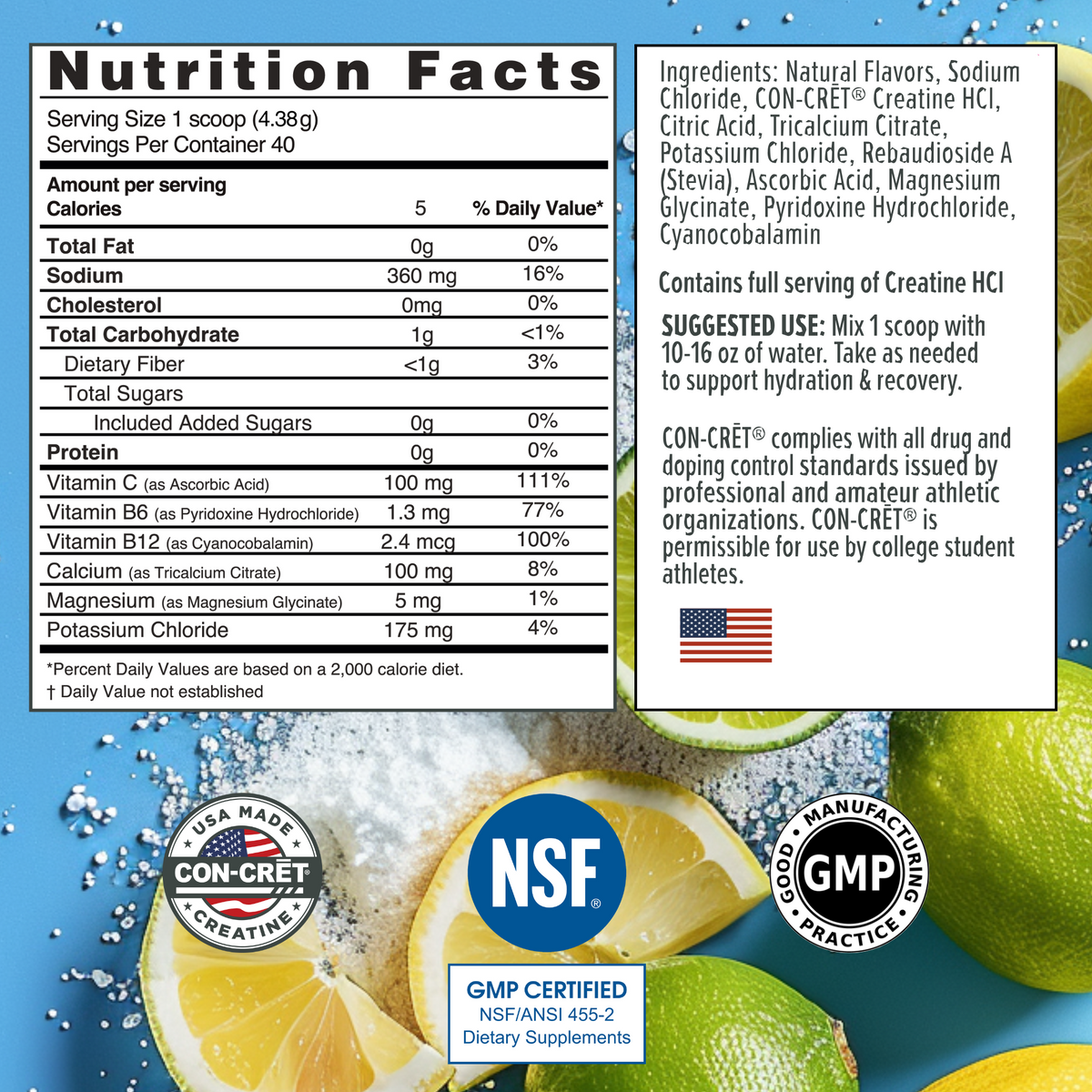ProSupps Con-Cret + Hydration Lemon Lime supplement facts and nutrition panel