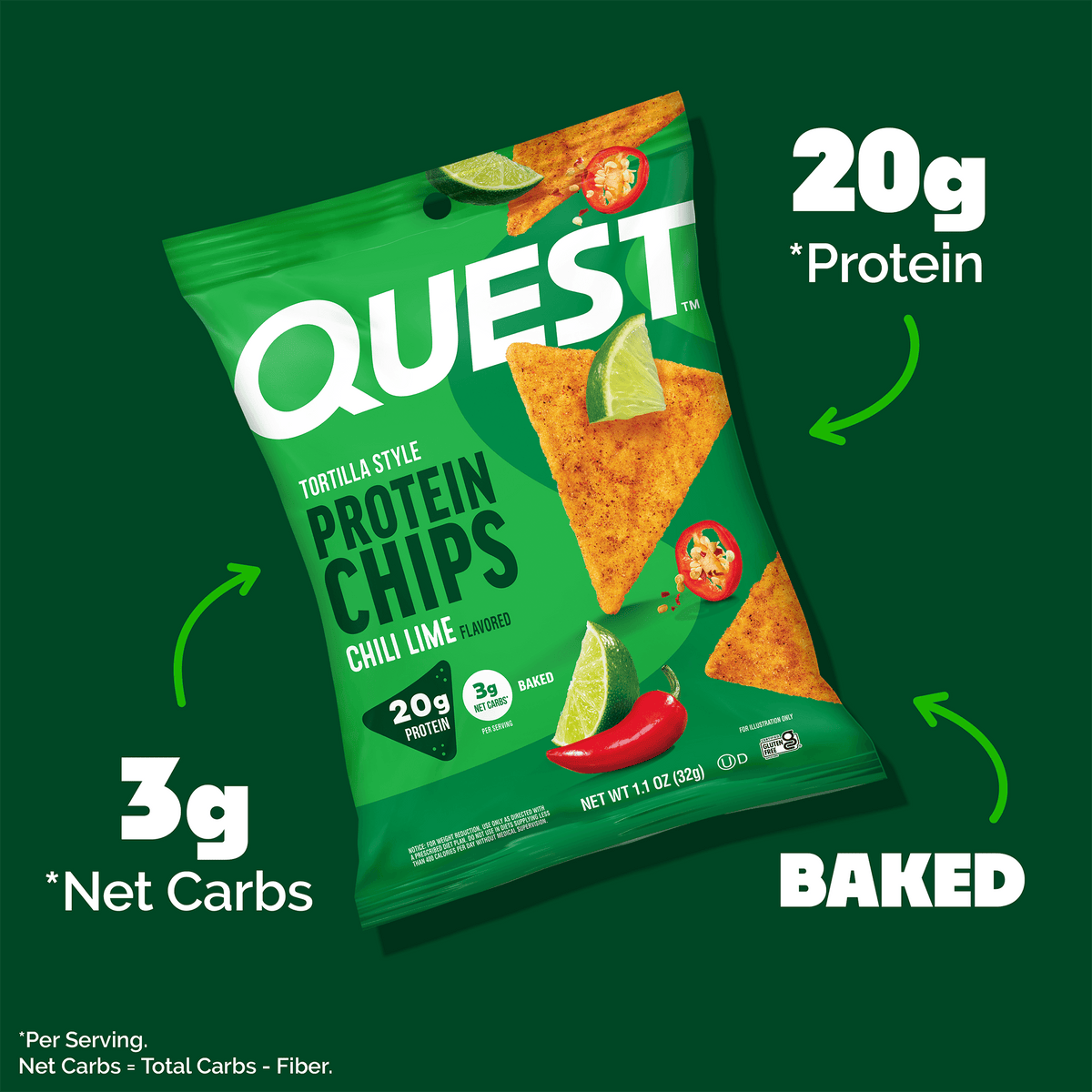 Quest Tortilla Protein Chips Chilli Lime protein powder, front of pack, NZ Supps