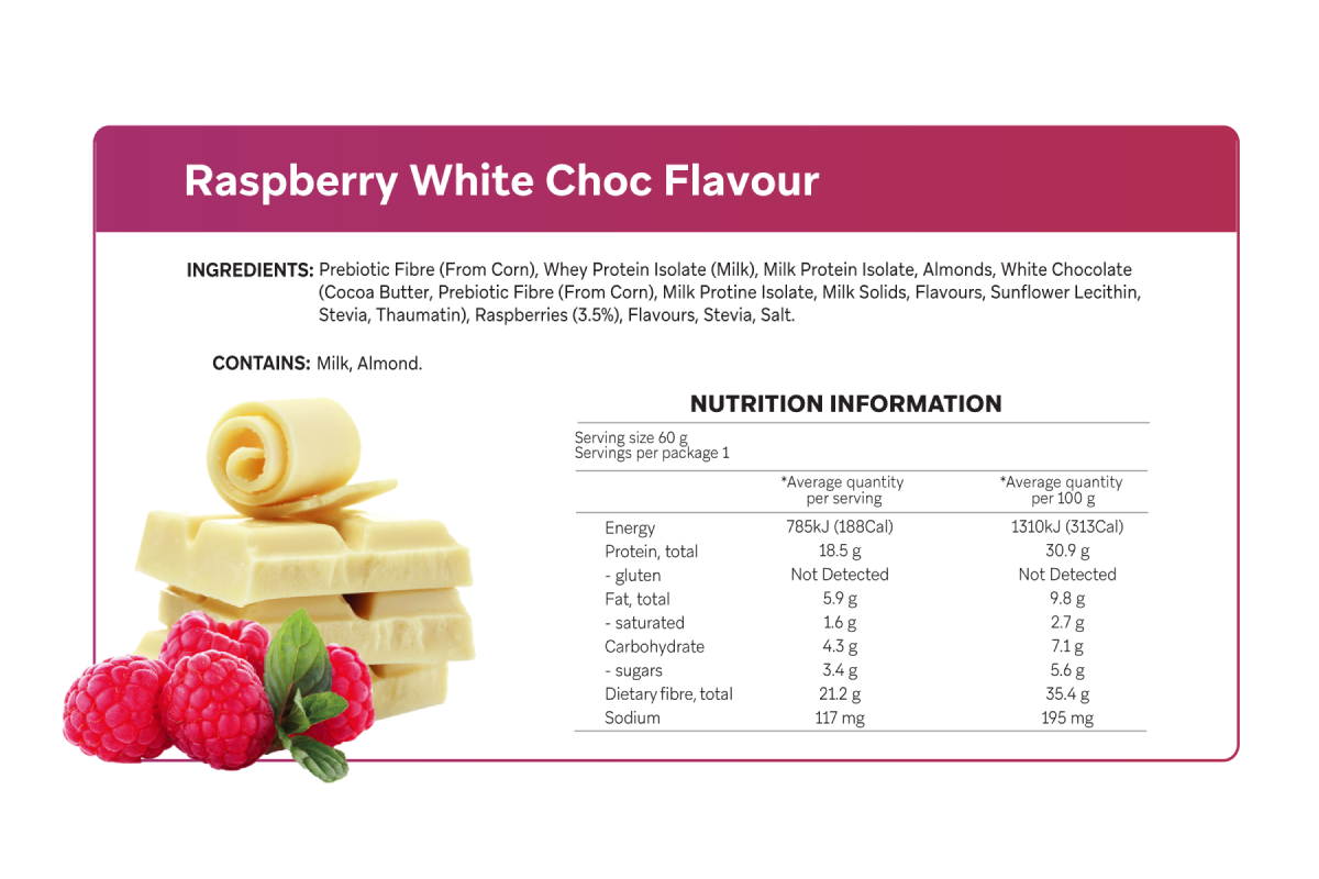 Smart Protein Bar 12-Pack Smart Bar - Raspberry White Chocolate, 720g (12 Serves) - nutrition information