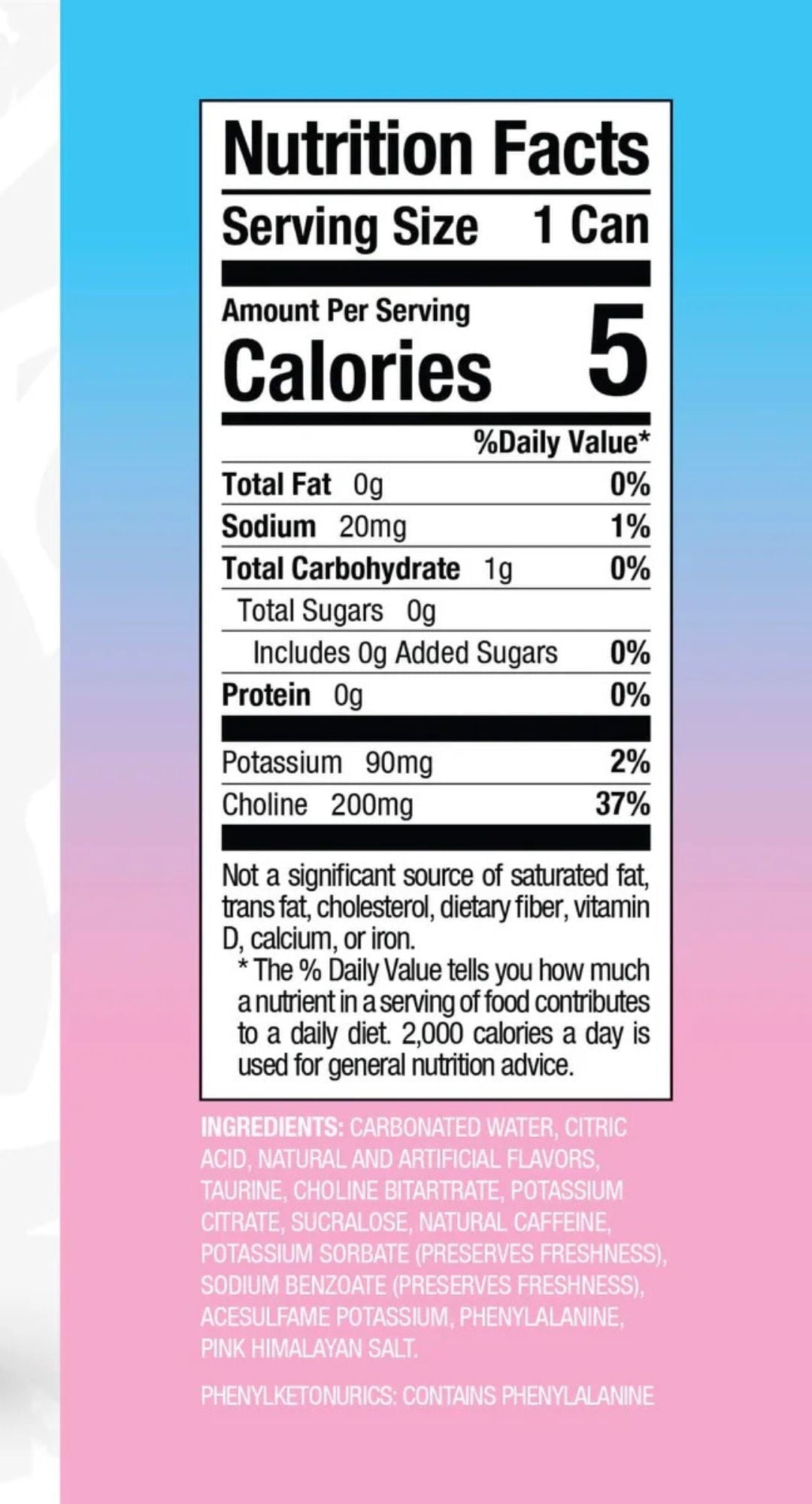 Ryse Fuel Energy Drink Cotton Candy nutrition information panel