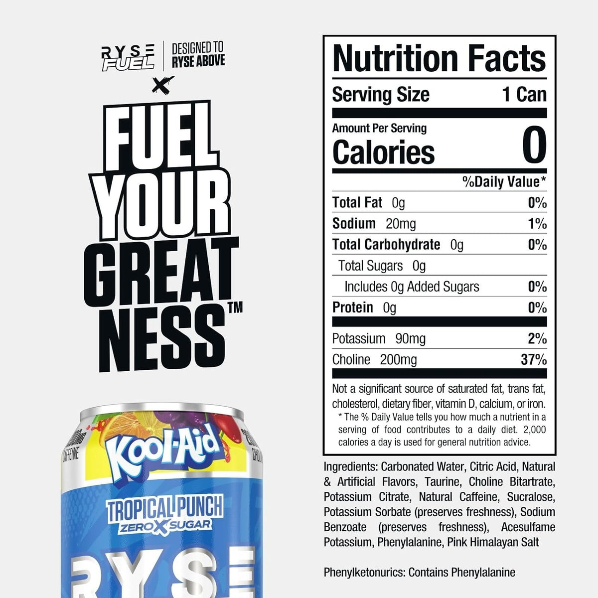 Ryse Fuel Energy Drink Kool-Aid Tropical Punch nutrition information panel