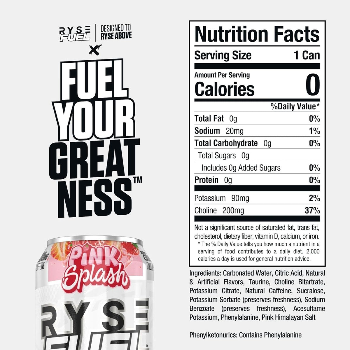 Ryse Fuel Energy Drink Pink Splash nutrition information panel
