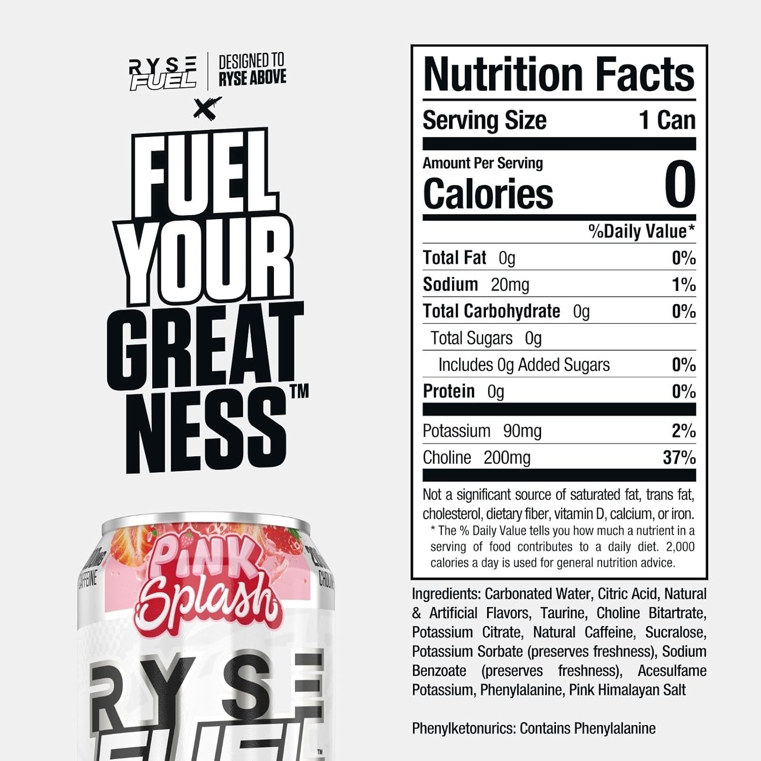 Ryse Fuel Energy Drink Pink Splash nutrition information panel