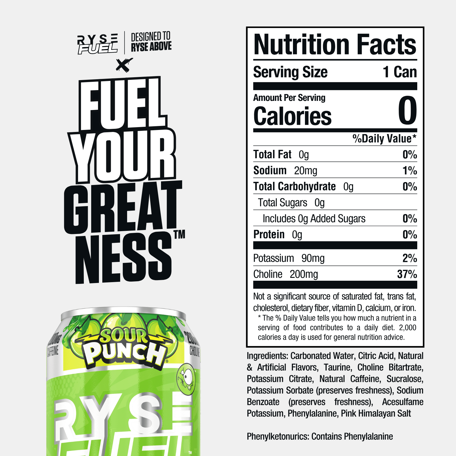 Ryse Fuel Energy Drink Sour Punch Green Apple nutrition information panel