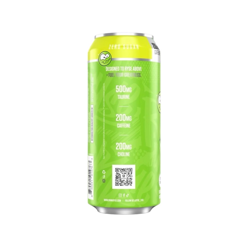 Ryse Fuel Energy Drink Sour Punch Green Apple can side nutrition facts
