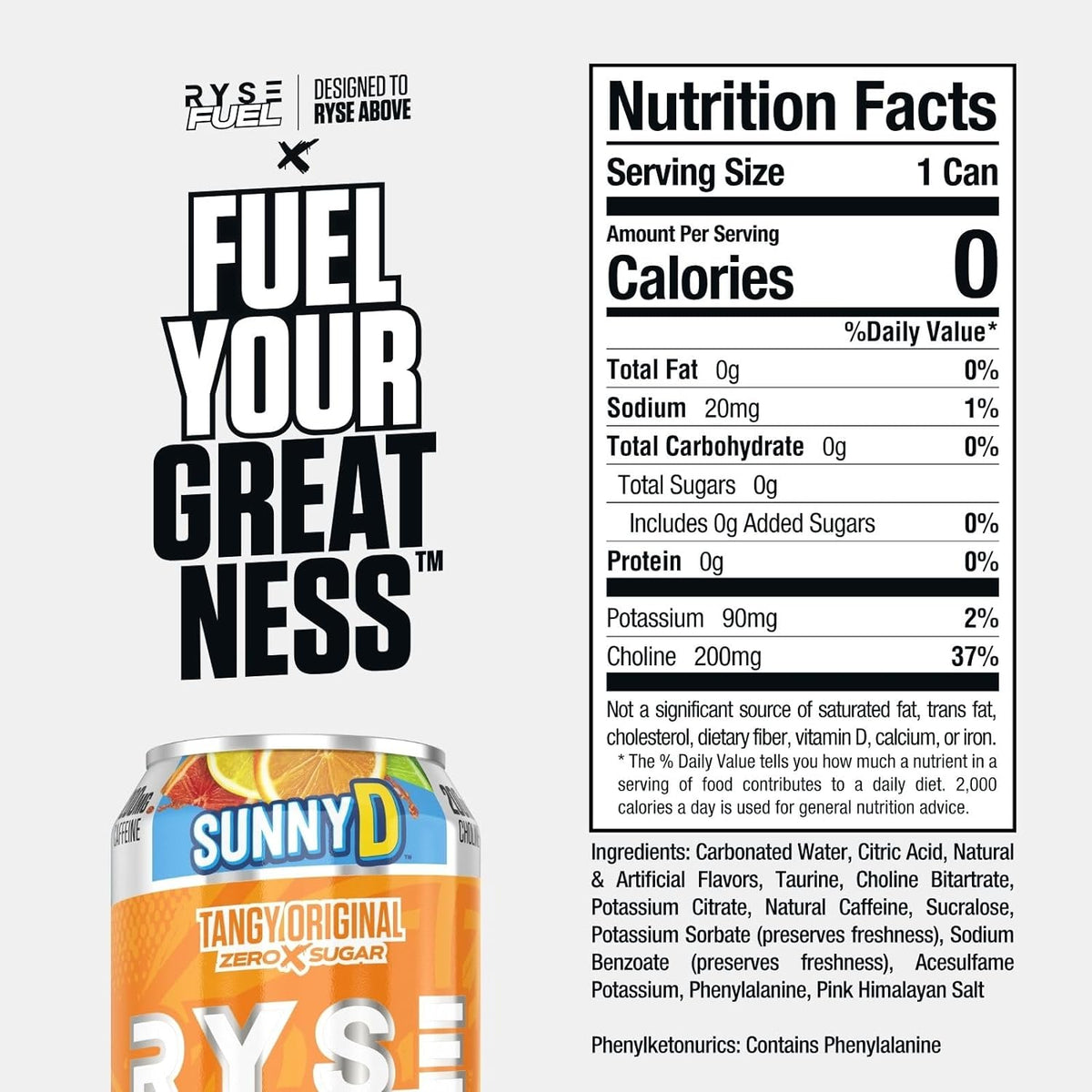 Ryse Fuel Energy Drink SunnyD Tangy Original nutrition information panel
